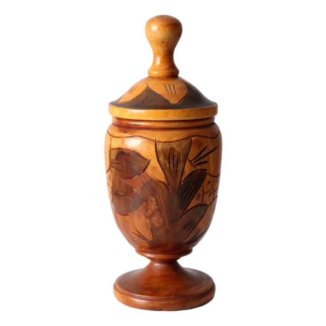 Vintage Carved Wooden Jar For Sale