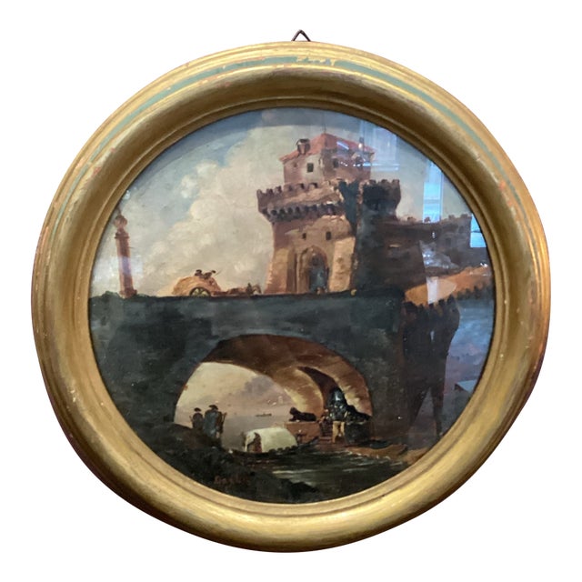 19th Century Oil Painting on Board, Round Landscape - Bridge & Tower, Signed ‘Carla’ For Sale