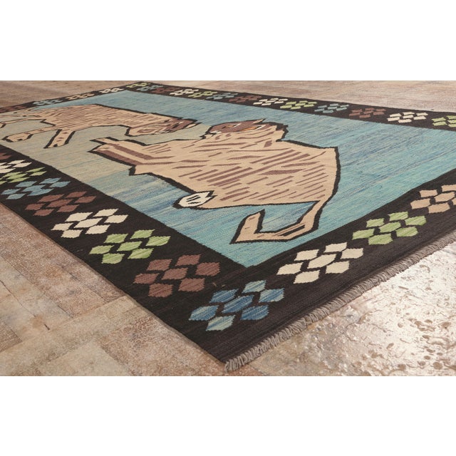 Sky Blue Vintage Pakistani Pictorial Kilim Rug, 06'05 X 11'06 For Sale - Image 8 of 10