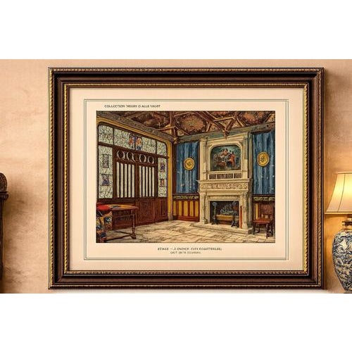 Medieval Revival Office Interior with Monumental Fireplace, c.1900 Original color plate from the celebrated Collection...