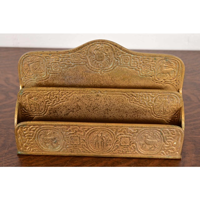 Art Deco Tiffany Studios New York Zodiac Pattern Bronze Doré Letter Rack For Sale - Image 3 of 13