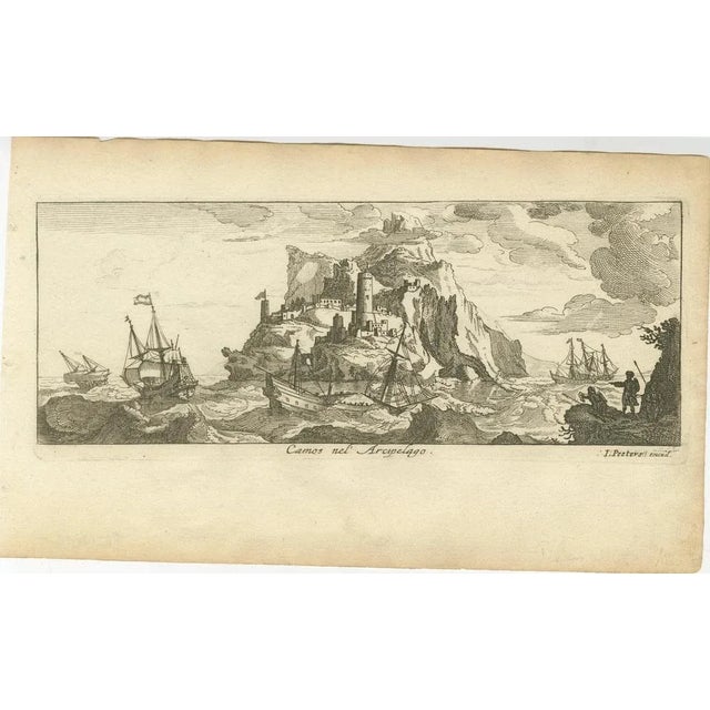 Title: Fortified Island in the Aegean Archipelago with Ships at Sea, circa 1680 : This copperplate engraving depicts a...