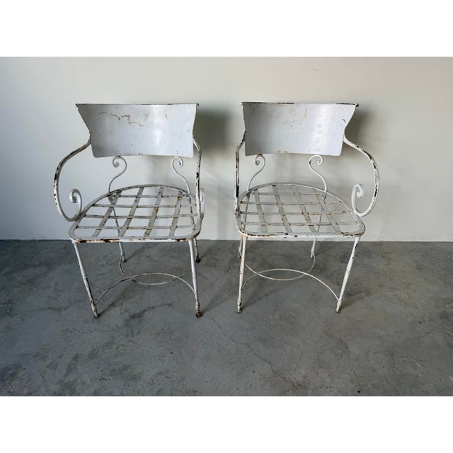 Pair of Vintage Arhaus White Metal Garden Dining Armchairs With Scroll Arms For Sale - Image 12 of 12