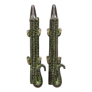 Green Brass Alligator Door Handles, a Pair For Sale