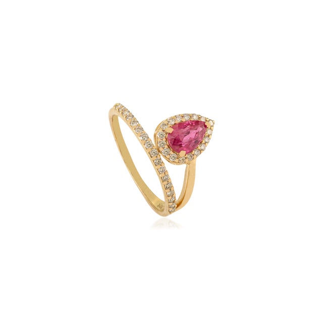 Art Nouveau 1 Carat Flaoting Ruby Diamond Halo Contemporary Ring in 14k Yellow Gold Size 7 For Sale - Image 3 of 11