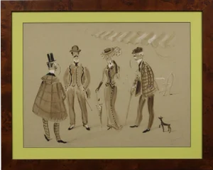 "Gay Parisians" Watercolor With Gouache