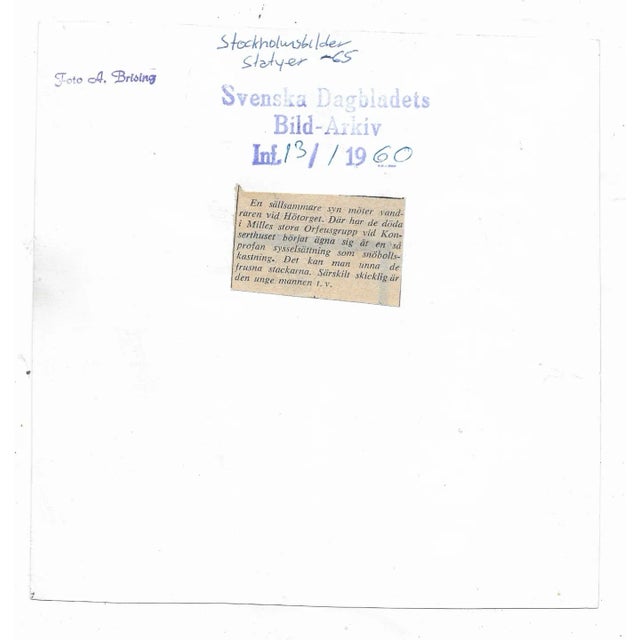 1960s black and white photograph of sculpture in Stockholm, Sweden in the snow. The figures are by important modernists...