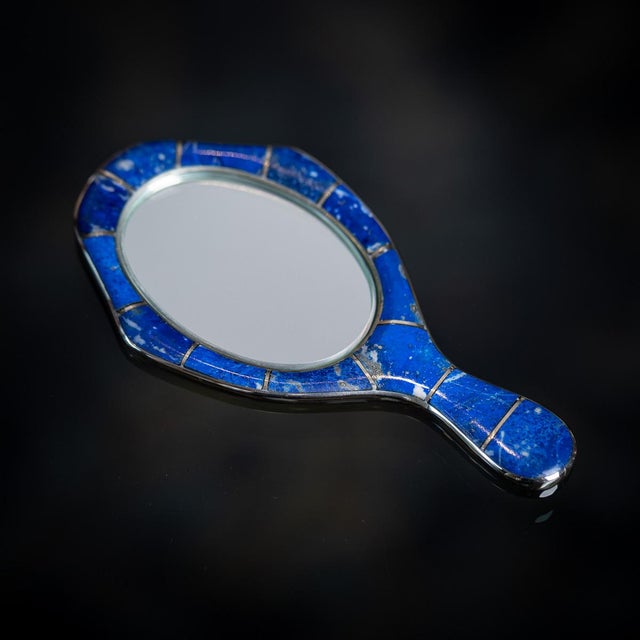 Antique early 20th Century Continental solid silver and lapis lazuli mounted miniature mirror, of oval form, with the...