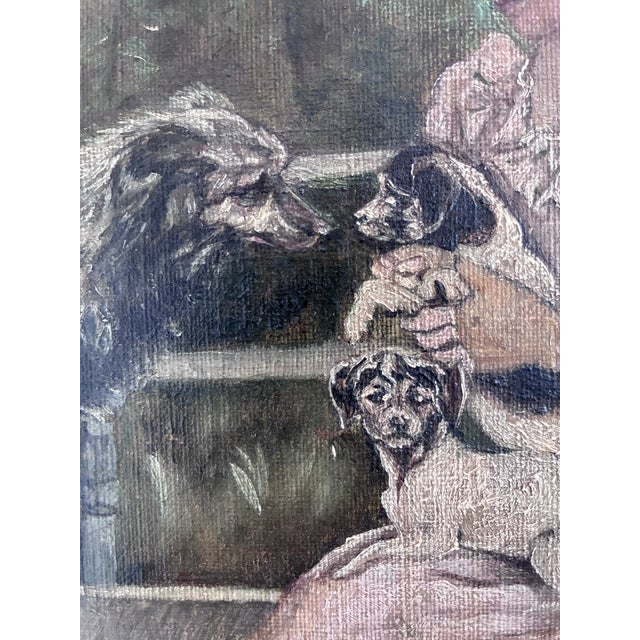 This antique original 19th-century oil painting from around 1880 shows an elegant lady seated on a garden bench playing...