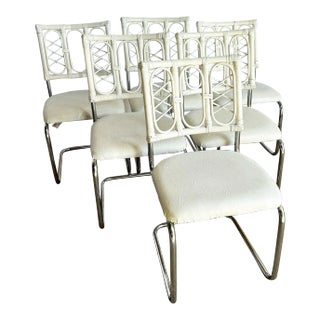 Boho Modern White Rattan and Chrome Cantilever Dining Chairs - Set of 6