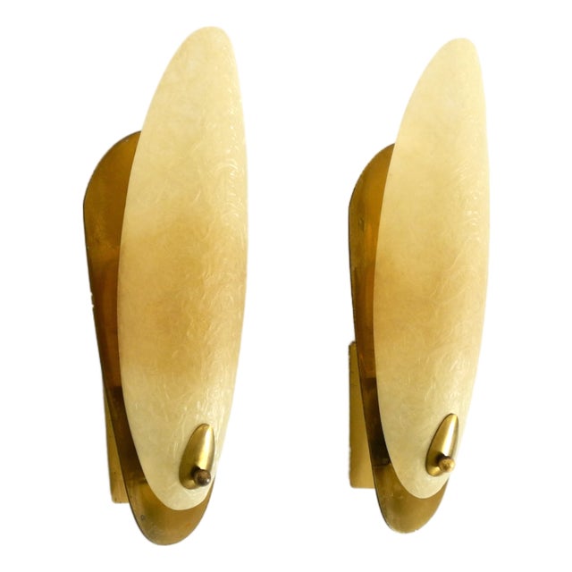 Mid-Century Modern Brass Wall Lamps with Fiberglass Shades, 1950s, Set of 2 For Sale