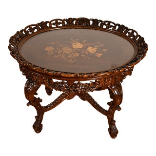 1920 Antique French Louis XV Carved Walnut & Inlay Coffee Table With Glass Tray For Sale