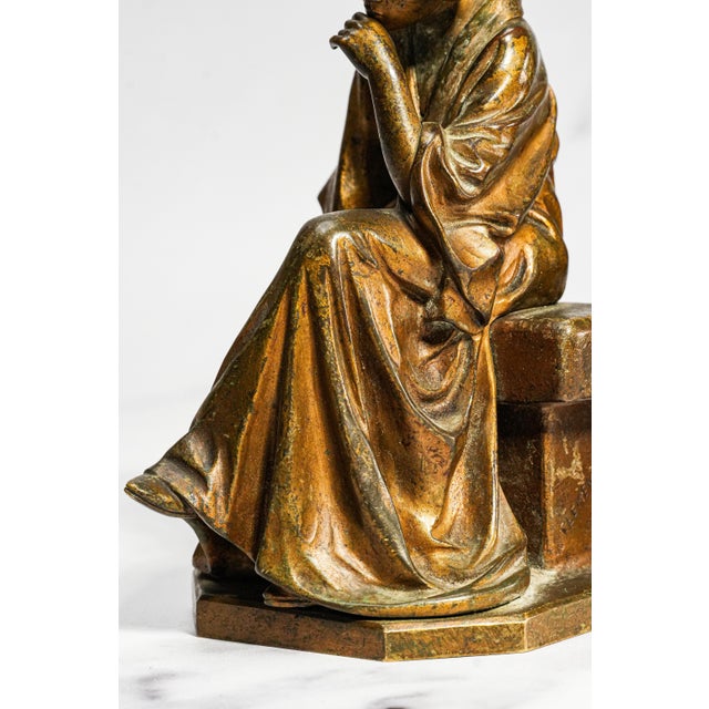 Rare Antique Bertolini Clemente “Pensive” Bronze Woman Figural Sculpture Statue Bookends Ovington New York Luxury Home Decor Art For Sale - Image 16 of 18