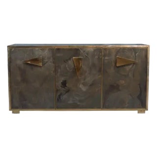 Italian Sideboard Hand-Painted Marble-Effect Glass With 3 Doors For Sale