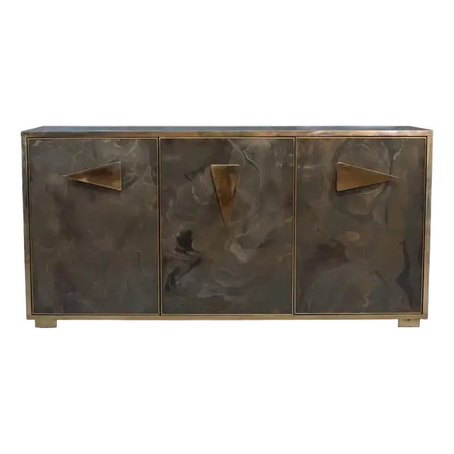 Italian Sideboard Hand-Painted Marble-Effect Glass With 3 Doors For Sale