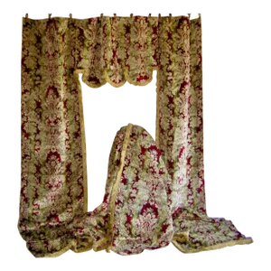Late 19 Century Large Italian Velvet Venetian Drapes -Curtain Set of Two Panels and Valence Bevilacqua Style