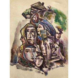 Boris Deutsch, Abstract Houses and Faces Ink Drawing and Watercolor Painting Shtetl Judaica For Sale
