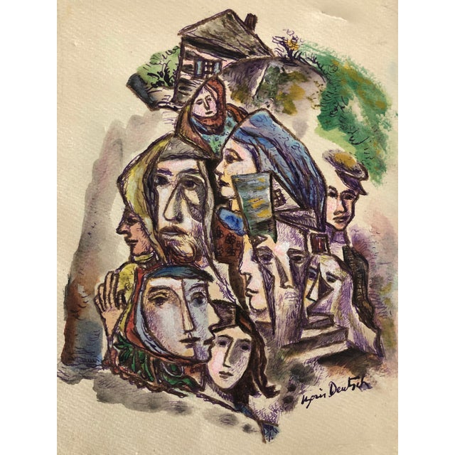 Boris Deutsch, Abstract Houses and Faces Ink Drawing and Watercolor Painting Shtetl Judaica For Sale