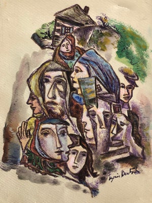 Boris Deutsch, Abstract Houses and Faces Ink Drawing and Watercolor Painting Shtetl Judaica