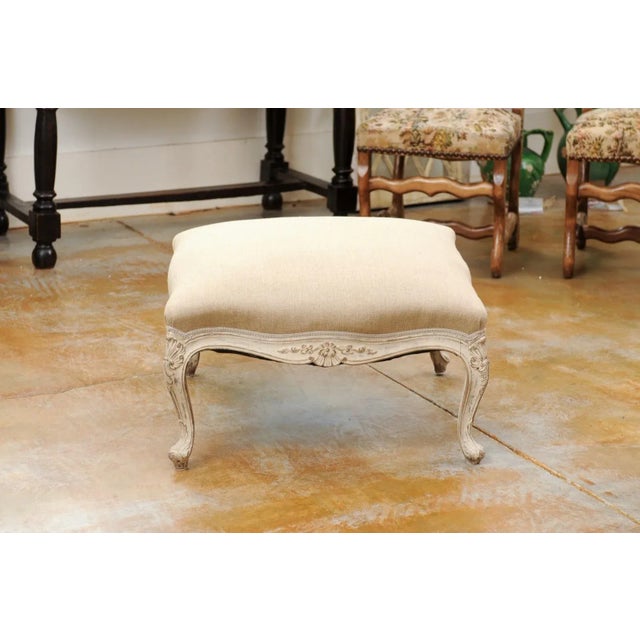 Swedish 19th Century Rococo Style Painted Upholstered Stool with Carved Shells For Sale - Image 4 of 13