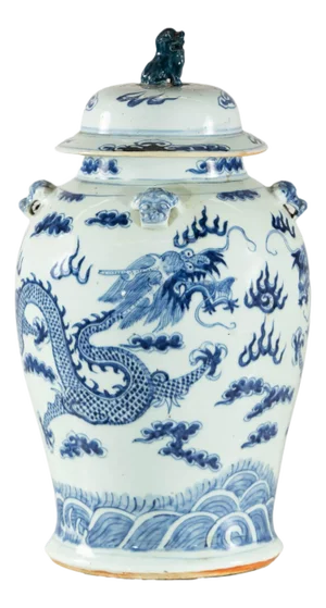 Vintage Chinese Blue and White Porcelain Lidded Jar with Dragon Motif and Foo Dog Finial