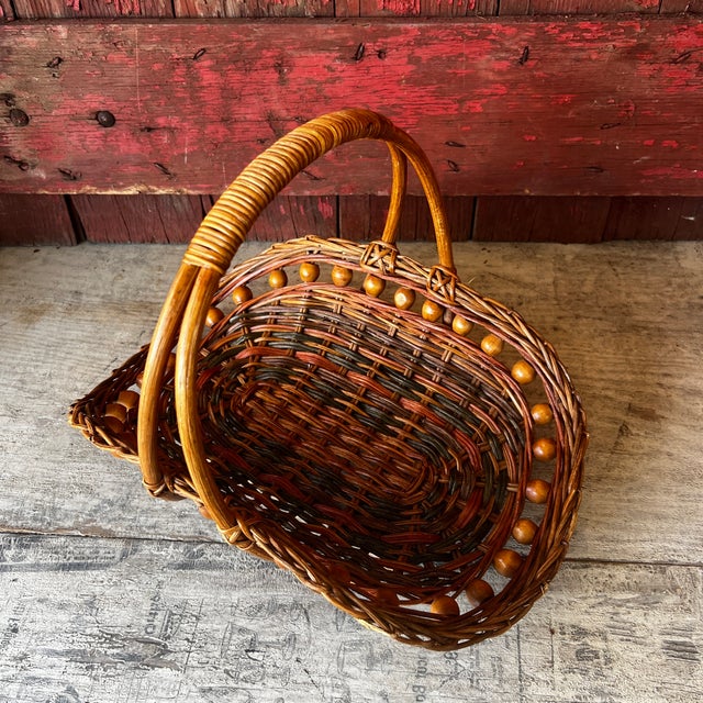 Vintage Gathering Basket With Decorative Bead Accents Wicker & Wood For Sale In Kansas City - Image 6 of 10