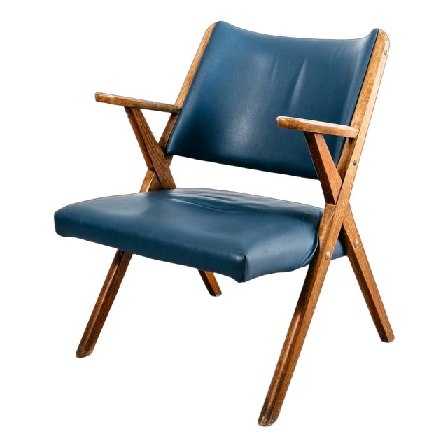 Vintage Lounge Chair in Wood and Blue Skai from Dal Vera, 1950s For Sale