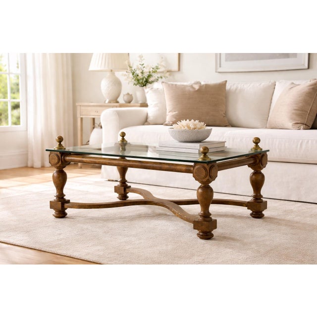 Late 20th Century Neoclassical Style Solid Wood & ½” Beveled Glass Coffee Table With Brass Finials, Late 20th Century For Sale - Image 5 of 9