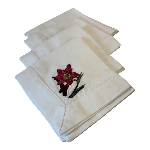 Vintage Embroidered Cocktail Napkins - Set of 4 For Sale
