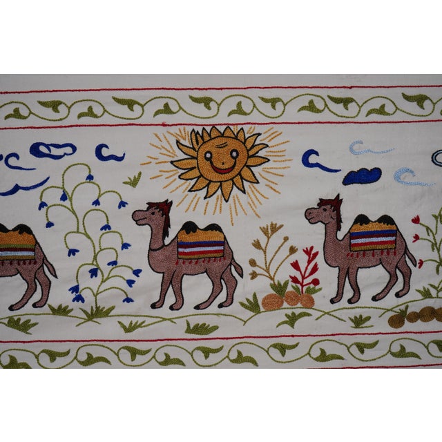 Beige Uzbek Suzani Animal Silk Cotton Tablecloth For Sale - Image 8 of 12