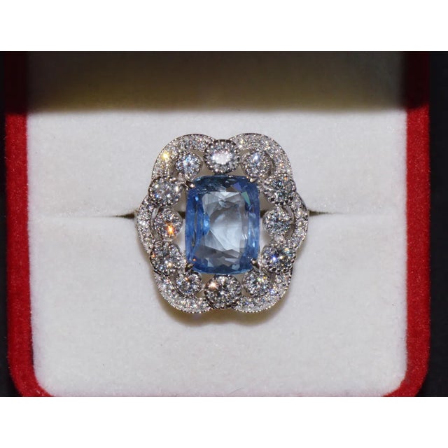 Early 21st Century GIA Natural 9.66CTS VS F Diamond No Heat Blue Sapphire 750 18K Gold Cocktail Ring, size 6.5 For Sale - Image 5 of 11
