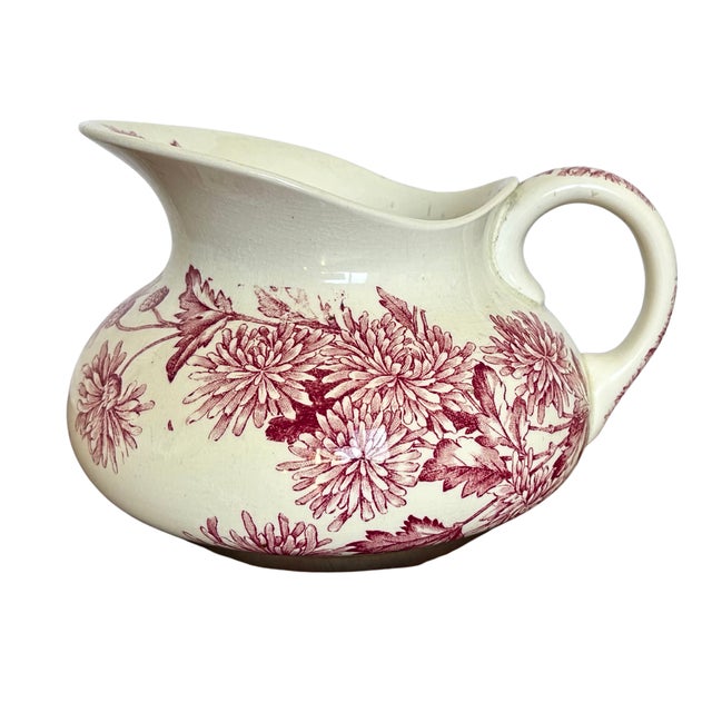 Antique French Longwy Pitcher Red Floral Transferware Faience Jug from Manufacture Des Emaux De Longwy, 1900s For Sale - Image 9 of 9