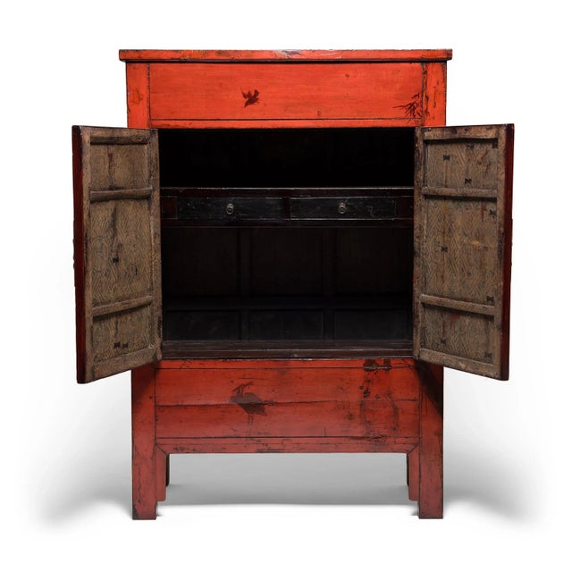Wood Pair of Chinese Red Lacquer Cabinets With Birds in Flight, C. 1850 For Sale - Image 7 of 14