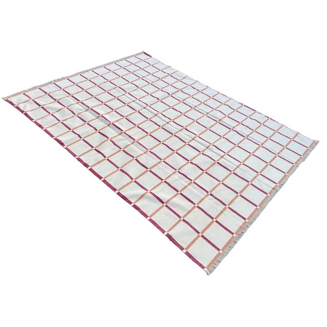Not Yet Made - Made To Order Handmade Cotton Area Rug Cream, Raspberry Pink & Terracotta Red Windowpane Dhurrie - 6'x9' For Sale - Image 11 of 11