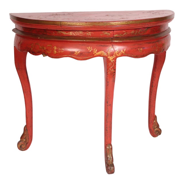 Chinese Red Chinoiserie Decorated Demi Lune Console Table For Sale