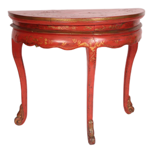 Chinese Red Chinoiserie Decorated Demi Lune Console Table