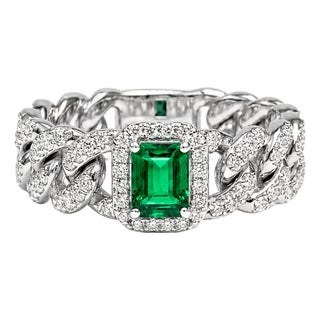 18K White Gold Diamond Emerald Cuban Chain Link Band Ring For Sale