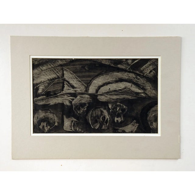 Mid century black and gray monoprint. Unsigned. Unframed, displayed in double mat with backing, opening size 14.75" x...