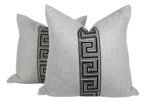 Designer Black and Grey Greek Key Wool Blend Pillow Covers 22x22, a Pair