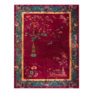 1920s Raspberry Red Floral Vase Antique Chinese Art Deco Carpet 8' 10" X 11' 6" Knotted Wool Rug For Sale