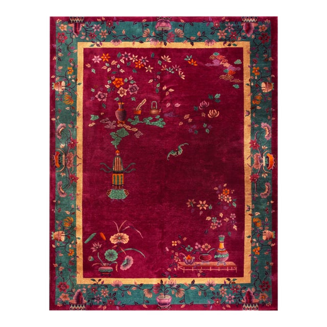 1920s Raspberry Red Floral Vase Antique Chinese Art Deco Carpet 8' 10" X 11' 6" Knotted Wool Rug For Sale