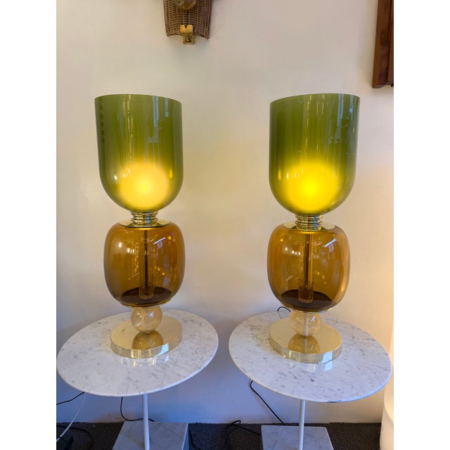 Contemporary Pair of Brass and Murano Glass Green Shades Lamps, Italy For Sale - Image 4 of 11