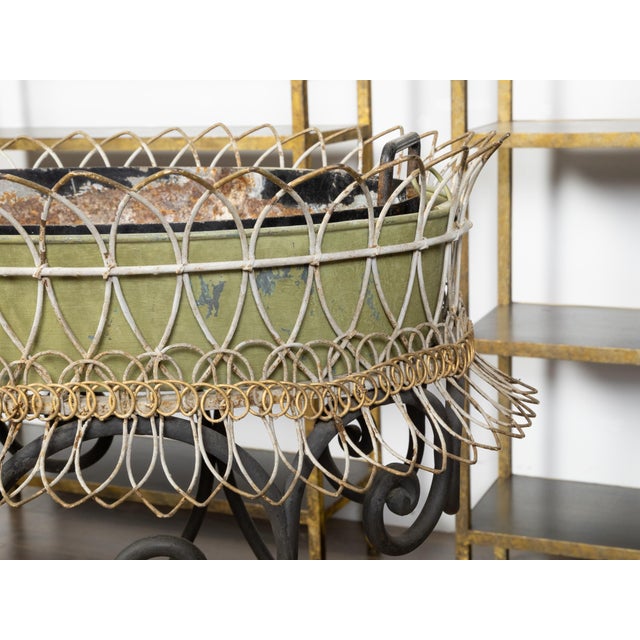 French Turn of the Century 1900s Two-Tiered Green Painted Oval Jardinière For Sale - Image 9 of 11