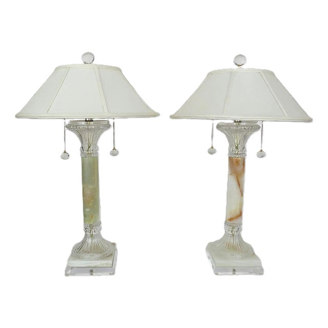 Pair of Hollywood Regency Table Lamps Onyx, Lucite, & Crystal Glass For Sale