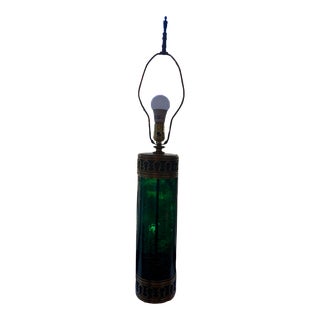Vintage Green Crackle Glass Buffet or Table Lamp With For Sale