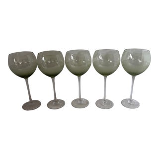 Late 20th Century Olive Green Ombré Optic Ribbed Balloon Bowl Wine Goblets - Set of 5 For Sale