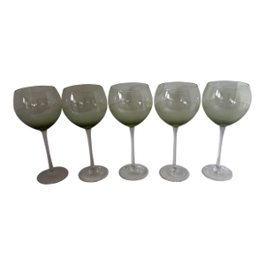 Vintage Lenox Olive Green Ombré Optic Ribbed Balloon Bowl Wine Goblets -- Set of 5