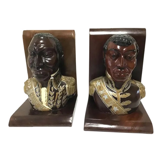 Early 20th Century Folk Art General Wood Bust Sculpture Toussaint - Set of 2 For Sale
