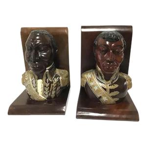 Early 20th Century Folk Art General Wood Bust Sculpture Toussaint - Set of 2