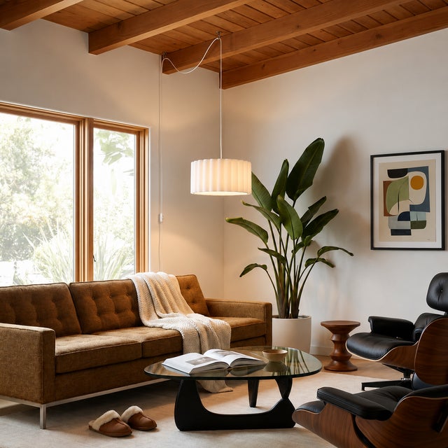Mid-Century Modern Scallop Pendant Swag Kit Light Fixure by Nova of California - Satin Nickel, Fabric Drum Shade For Sale - Image 3 of 7